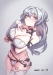  1girl 2022 arm_under_breasts bikini breasts bronya_zaychik bronya_zaychik_(silverwing:_n-ex) closed_mouth collarbone dated drill_hair grey_background grey_eyes grey_hair highres honkai_(series) honkai_impact_3rd junik_(snrj2255) large_breasts long_hair looking_at_viewer navel single_sleeve stomach swimsuit white_bikini white_sleeves 