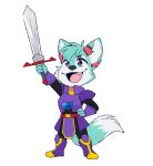  2023 anthro armor benjamin_(ffmq) blue_body blue_eyes blue_fur canid canine cosplay digital_media_(artwork) dipstick_tail eyebrows fangs final_fantasy final_fantasy_mystic_quest fox fur fur_markings hi_res holding_object holding_sword holding_weapon male mammal markings melee_weapon open_mouth overlordgirgy roflfox solo square_enix standing sword tail tail_markings teeth theatrhythm_final_fantasy tongue weapon white_body white_fur 