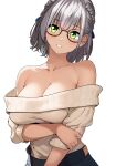 1girl bare_shoulders bow braid breasts cleavage eqbal_lynx glasses green_eyes hair_bow highres hololive large_breasts looking_at_viewer official_alternate_costume shirogane_noel short_hair solo virtual_youtuber 