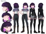  1girl boots character_name choker english_commentary full_body hand_on_own_hip highres jourd4n knee_boots long_sleeves looking_at_viewer miniskirt necktie original pants purple_eyes purple_hair reference_sheet shirt short_hair short_sleeves simple_background skirt smile solo standing t-shirt thighhighs uniform white_background zettai_ryouiki 