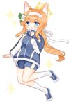  1girl :d animal_ear_fluff animal_ears blue_archive blue_footwear blue_jacket blue_shorts flower full_body hair_flower hair_ornament hair_ribbon hairband highres jacket long_sleeves looking_at_viewer low_ponytail mari_(blue_archive) mari_(gym_uniform)_(blue_archive) orange_hair ponytail puffy_long_sleeves puffy_sleeves ribbon shikito shoes short_shorts shorts sidelocks simple_background sleeves_past_wrists smile socks solo sparkle track_jacket white_background white_flower white_hairband white_ribbon white_socks 