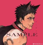  1boy absurdres animal_collar animal_ears artist_request black_hair cat_ears collar from_side highres kemonomimi_mode looking_at_viewer looking_to_the_side male_focus naruto_(series) naruto_shippuuden red_background red_eyes sample_watermark scar scar_on_face sharingan short_hair sleeveless smile solo spiked_hair uchiha_obito 