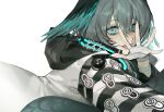  1girl a_g1011 aqua_eyes aqua_nails aqua_wings arknights bags_under_eyes coat feathered_wings fingerless_gloves fingernails gloves grey_hair hair_between_eyes head_wings highres ho&#039;olheyak_(arknights) long_coat long_sleeves looking_at_viewer lying on_stomach open_clothes open_coat open_hand scales sharp_fingernails short_hair sidelocks snake_tail solo tail tongue tongue_out white_background white_gloves wings 