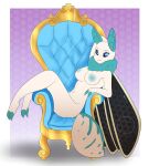  absurd_res antennae_(anatomy) anthro arthropod big_tail blue_body blue_eyes blue_fur breasts butt chair female fur furniture gold hi_res insect ivory_body lepidopteran moth neck_tuft queen_moth solo tail throne tuft wings 