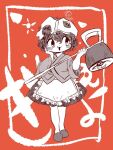  1other androgynous apron bad_id bad_source blush_stickers dated frilled_apron frills full_body greyscale_with_colored_background hakama hakama_short_skirt hakama_skirt hammer hand_on_own_cheek hand_on_own_face helmet highres holding holding_hammer japanese_clothes katano_sukune katano_sukune&#039;s_bottle_opener kimono len&#039;en looking_at_object open_mouth red_background red_theme short_hair signature skirt slippers smile solo source_request sun waist_apron yukkyon_kyon 