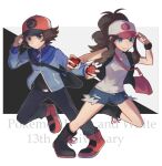  1boy 1girl anniversary bag baseball_cap black_bag black_footwear black_pants black_vest blue_jacket boots brown_eyes brown_hair closed_mouth commentary_request copyright_name denim denim_shorts exposed_pocket eyelashes green_eyes grin hand_on_headwear hat high_ponytail highres hilbert_(pokemon) hilda_(pokemon) holding holding_poke_ball jacket long_hair pants poke_ball poke_ball_(basic) pokemon pokemon_(game) pokemon_bw red_footwear shirt shoes short_hair shorts shoulder_bag sidelocks sioinari_03 sleeveless sleeveless_shirt smile teeth vest white_shirt wristband zipper_pull_tab 