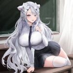  1girl absurdres animal_ears blue_eyes blush breasts chalkboard collared_shirt grey_hair highres large_breasts lillly long_hair long_sleeves looking_at_viewer necktie original parted_lips revision shirt skirt smile solo thighhighs thighs very_long_hair white_thighhighs 