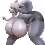  anthro big_breasts black_bottomwear black_clothing black_shorts blue_eyes bottomwear breasts canid canine canis clothed clothing curled_tail curvy_figure domestic_dog ears_back eyelashes female fur glistening glistening_body grey_body grey_fur grey_hair hair hanging_breasts hi_res huge_breasts mammal nipples pivoted_ears shiruhiya short_hair shorts simple_background solo standing tail thick_thighs topless voluptuous white_background wide_hips 
