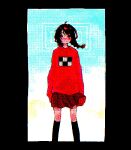  1girl arms_at_sides bad_link black_socks braid brown_eyes brown_hair denkai_461 dithering dress highres kneehighs long_sleeves looking_at_viewer madotsuki no_mouth pink_sweater pleated_skirt red_skirt skirt socks solo sweater twin_braids yume_nikki 