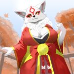  1:1 2023 amaterasu_(okami) anthro big_breasts breasts canid canine canis capcom cleavage clothed clothing deity digital_drawing_(artwork) digital_media_(artwork) direlaxion female fur hi_res light looking_at_viewer mammal markings mythology okami_(capcom) plant portrait ribbons shaded signature smile solo sun sunlight text tree watermark white_body white_fur wolf 