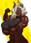  anthro bottomless bovid bovine clothed clothing female flexing hair hi_res horn mammal muscular muscular_female queervanire red_eyes scar solo white_hair 