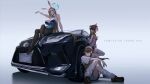  3girls animal_ears arm_support asuna_(blue_archive) asuna_(bunny)_(blue_archive) bike_shorts blonde_hair blue_archive blue_bow blue_eyes blue_leotard bow breasts brown_eyes brown_hair car cardigan character_request check_character crossed_legs detached_collar epaulettes foreshortening gloves halo high_heels highres knees_together_feet_apart large_breasts leaning_against_vehicle leotard loose_socks misaka_mikoto motor_vehicle multiple_girls namahamu913 outstretched_arm pantyhose playboy_bunny ponytail rabbit_ears sakura_bakushin_o_(umamusume) school_uniform simple_background sitting smile socks thighhighs white_background white_gloves white_thighhighs 