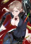  1girl blonde_hair blue_bodysuit blue_eyes bodysuit breasts casing_ejection character_name chest_jewel cleavage dual_wielding firing highres holding jill_valentine large_breasts motion_blur muzzle_flash naijarski ponytail resident_evil resident_evil_5 shell_casing solo 