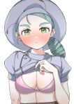  1girl absurdres apron blush bra breasts brown_skirt buttons chef_hat clothes_lift green_eyes hat highres ichigo_monaka katy_(pokemon) large_breasts light_green_hair low_side_ponytail mole mole_on_cheek pink_bra pokemon pokemon_(game) pokemon_sv puffy_short_sleeves puffy_sleeves short_hair short_sleeves side_ponytail skirt underwear waist_apron 