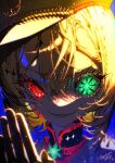  blue_background close-up diyokama glowing glowing_eyes glowing_hair green_eyes heterochromia highres red_eyes sharp_teeth star_(symbol) teeth 