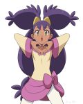  1girl :o big_hair bow dark-skinned_female dark_skin heart heart_hands iris_(pokemon) kijouyu long_hair long_sleeves looking_at_viewer open_mouth pink_bow pokemon pokemon_(game) pokemon_bw purple_hair simple_background solo two_side_up very_long_hair white_background yellow_eyes 