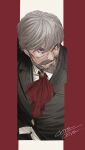  1boy anderson_(granblue_fantasy) artist_name ascot beard brown_hair chirochiro cropped facial_hair granblue_fantasy grey_hair highres male_focus mustache old old_man red_ascot solo suit thick_eyebrows upper_body 
