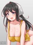  1girl apron artist_name black_hair blush breasts cleavage collarbone fang head_scarf kantai_collection large_breasts long_hair multicolored_hair naganami_(kancolle) naked_apron one-hour_drawing_challenge open_mouth pink_hair smile solo twitter_username white_headwear yellow_apron yellow_eyes yuki_to_hana 