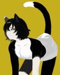  1girl all_fours animal_ear_fluff animal_ears black_fur black_hair body_fur cat_ears cat_girl cat_tail closed_mouth commentary_request dungeon_meshi frs2 hair_between_eyes highres izutsumi korean_commentary limited_palette looking_at_viewer multicolored_fur short_hair simple_background solo tail topless yellow_background yellow_eyes 