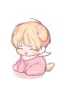  1boy aged_down animal_ears baby blonde_hair child closed_eyes commentary_request debwi_mos_hamyeon_jugneun_byeong_geollim dog_boy dog_ears dog_tail email_address full_body kemonomimi_mode korean_commentary male_child male_focus onesie open_mouth park_moondae ronno_5 short_hair simple_background sitting solo tail white_background 