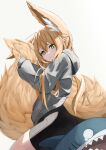  1girl absurdres animal_ears bike_shorts blonde_hair blush fox_ears fox_girl green_eyes highres holding_own_tail hood hoodie long_hair long_sleeves looking_at_viewer looking_back original shark simple_background sleeves_past_wrists solo tail white_background you_san 