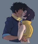  1boy 1girl couple cowboy_bebop crying-art faye_valentine hetero highres lipstick lipstick_mark makeup messy_hair nail_polish purple_hair shirt short_hair simple_background spike_spiegel spiked_hair yellow_shirt 