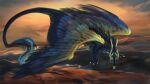 dragon eclipse_eternum eyes feathers flying hagonica horn multi_eye sunset 