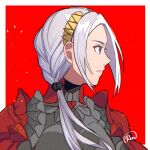  1girl closed_mouth commentary_request edelgard_von_hresvelg facing_to_the_side fire_emblem fire_emblem:_three_houses fire_emblem_warriors:_three_hopes highres looking_to_the_side official_alternate_costume official_alternate_hairstyle parted_bangs portrait purple_eyes runteya serious solo white_hair 