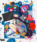  1girl backpack badge bag ball baseball_bat baseball_cap basketball_(object) beanie black_eyes blue_background blue_hair blush border button_badge commentary computer dice electric_guitar from_side full_body grey_headwear grey_shirt guitar hat highres holding_strap imac instrument jitome looking_at_viewer looking_to_the_side multicolored_hair nao97122 nike original outside_border paint_splatter patch paw_print pink_hair road_sign rubik&#039;s_cube shirt shoes sign sleeves_past_elbows sneakers socks solo squatting sticker streaked_hair streetwear triple_vertical_stripe white_border white_footwear wide_sleeves yellow_socks 