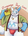  2023 age_difference anthro asian_clothing belly big_belly blush bottomless bottomwear clothed clothing east_asian_clothing fundoshi generation_3_pokemon hi_res japanese_clothing male moobs navel nintendo older_male overweight overweight_male pokemon pokemon_(species) shiny_pokemon simple_background solo tail underwear zangoose zangoose_day 