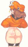  1girl ass bike_shorts bike_shorts_pull brown_hair guilty_gear guilty_gear_strive hat highres hood hoodie inkerton-kun long_hair looking_back may_(guilty_gear) md5_mismatch no_panties open_mouth pirate_hat slap_mark spanked undressing 