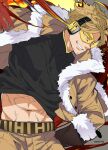  abs bara boku_no_hero_academia clothes_lift facial_hair feathered_wings forked_eyebrows goatee grin hawks_(boku_no_hero_academia) looking_to_the_side male_focus midriff_peek navel pectorals shirt_lift short_hair smile thick_eyebrows toned toned_male veiny_crotch wavy_hair wings yan_(bltyann) 