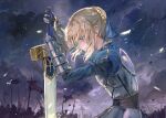  1girl absurdres ahoge armor armored_dress artoria_pendragon_(fate) blonde_hair braid cloud crown_braid excalibur_(fate/stay_night) fate/stay_night fate_(series) faulds gauntlets green_eyes hair_bun hands_on_hilt highres planted planted_sword saber solo sword tim_kong weapon 