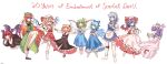  6+girls apron ascot bat_wings black_footwear blonde_hair blue_bow blue_dress blue_eyes book bouquet bow cirno commentary crescent crescent_hat_ornament crossed_arms daiyousei dress embodiment_of_scarlet_devil english_commentary english_text fairy_wings flandre_scarlet full_body green_eyes green_hair green_skirt green_vest hair_bow hair_ribbon hat hat_ornament hat_ribbon head_wings highres holding holding_book holding_bouquet hong_meiling ice ice_wings izayoi_sakuya knife koakuma long_hair long_sleeves looking_at_viewer maid maid_headdress mob_cap moonii_desu multiple_girls multiple_wings one_eye_closed outstretched_arms patchouli_knowledge pink_dress pink_headwear pink_shirt pink_skirt purple_eyes purple_hair red_eyes red_hair red_ribbon red_skirt red_vest remilia_scarlet ribbon rumia shirt short_hair short_sleeves side_ponytail simple_background skirt socks touhou vest waist_apron white_apron white_background white_shirt white_socks wings yellow_ascot 