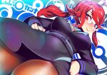  1girl black_skirt blush breasts brown_pantyhose formal glasses hakkasame hands_on_own_hips jacket large_breasts long_sleeves lorelei_(pokemon) pantyhose pokemon pokemon_(game) pokemon_lgpe ponytail red_eyes red_hair semi-rimless_eyewear skirt solo swept_bangs turtleneck 