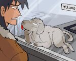  1boy animal_focus black_eyes black_hair brown_jacket commentary_request dog for_adoption inudori itou_kaiji jacket kaiji long_hair looking_at_animal medium_bangs open_mouth price smug solo upper_body 