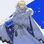  1boy arthropod_boy blanca_(fate) blue_background blush bug cape closed_eyes crown diamond_hairband fate/grand_order fate_(series) fur-trimmed_cape fur_trim highres long_sleeves male_focus medium_hair moth no_wings norai0813 oberon_(fate) shirt smile solo two-tone_background white_background white_shirt 