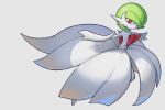  1girl bare_shoulders bob_cut chinese_commentary colored_skin commentary_request dress elbow_gloves flat_chest full_body gardevoir gloves green_hair grey_background hair_over_one_eye highres kulolin looking_to_the_side mega_gardevoir mega_pokemon one_eye_covered open_mouth pokemon pokemon_(creature) red_eyes short_hair simple_background solo standing strapless strapless_dress white_dress white_gloves white_skin 
