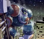  1boy city climbing commentary_request frost_man green_eyes male_focus mega_man_(classic) mega_man_(series) mega_man_8 napo night outdoors snow solo winter 