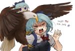  &gt;_&lt; 1girl american_flag animal_focus bald_eagle bird bird_on_hand blue_bow blue_hair bow character_doll cirno closed_eyes closed_mouth collared_shirt commentary crying eagle english_commentary english_text falconry_glove fourth_of_july fumo_(doll) gloves hair_bow hands_up highres neck_ribbon nvi2762 open_mouth red_ribbon ribbon shirt short_hair short_sleeves simple_background single_glove smile teeth touhou united_states upper_body white_background white_shirt 