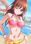  1girl ;) amusement_park bang_dream! bare_arms bare_shoulders bead_bracelet beads bikini blue_sky blurry blurry_background bracelet breasts brown_hair carousel cleavage closed_mouth commentary_request cowboy_shot day earrings fishnet_top fishnets flower_earrings frilled_bikini frills grey_eyes groin hair_between_eyes halterneck hands_on_own_hips highres hiraken imai_lisa jewelry long_hair looking_at_viewer medium_breasts navel official_alternate_costume one_eye_closed outdoors pink_bikini pool roller_coaster sidelocks sky smile solo standing stomach swimsuit tree two-tone_bikini yellow_bikini 