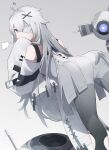  1girl absurdres ahoge bandage_over_one_eye bare_shoulders berudora detached_sleeves dress grey_background grey_dress grey_eyes grey_hair grey_sleeves hair_ornament highres long_hair no.21_(punishing:_gray_raven) non-humanoid_robot punishing:_gray_raven robot sidelocks sleeves_past_fingers sleeves_past_wrists subdermal_port suspenders very_long_hair x_hair_ornament 