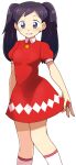  1girl blue_eyes blush breasts dress hari_(kureon) long_hair looking_at_viewer mega_man_(series) mega_man_battle_network_(series) purple_hair red_dress red_skirt shuko_kido_(mega_man) simple_background skirt smile solo twintails white_background 