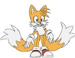  anthro bangs canid canine clothing footwear fox gloves handwear hi_res male mammal miles_prower multi_tail pose sega shoes smile solo sonic_the_hedgehog_(series) tail viofsa 