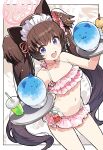  1girl animal_ears bikini blue_archive brown_hair choker food frilled_bikini frills hair_between_eyes halo highres inqm_yuzca long_hair maid_headdress navel purple_eyes shaved_ice shizuko_(blue_archive) shizuko_(swimsuit)_(blue_archive) swimsuit twintails 