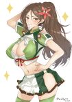  1girl amagi_(kancolle) breasts brown_eyes brown_hair chamumi_(mochiumee) cleavage crop_top green_shirt green_thighhighs hair_ornament hand_on_own_hip high_ponytail highres hip_vent kantai_collection large_breasts leaf leaf_hair_ornament long_hair looking_at_viewer maple_leaf midriff one-hour_drawing_challenge shirt sidelocks simple_background smile solo sparkle standing thighhighs twitter_username two-tone_skirt white_background wide_ponytail 