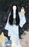  1boy 1girl black_hair blue_kimono decapitation holding_another&#039;s_head japanese_clothes kimono long_hair nihonga original straight_hair third-party_source ukiyo-e yamamoto_takato 