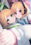  2girls :o absurdres animal_ear_headphones animal_ears artist_name blonde_hair blue_archive blue_necktie blurry blurry_background blush bow cat_ears collared_shirt commentary fake_animal_ears foreshortening green_eyes green_halo hair_bow halo headphones highres holding_hands indoors jacket long_sleeves looking_at_viewer midori_(blue_archive) momoi_(blue_archive) multiple_girls necktie off_shoulder parted_bangs parted_lips pink_halo purple_eyes red_bow shirt short_hair siblings sidelocks sisters teeth tile_floor tiles twins upper_body upper_teeth_only v-shaped_eyebrows white_jacket white_shirt zinkaa 
