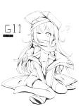  1girl ? absurdres bare_shoulders between_legs c309657344 character_name closed_mouth commentary_request flat_cap full_body g11_(girls&#039;_frontline) girls&#039;_frontline greyscale hand_between_legs hat highres jacket long_sleeves looking_at_viewer monochrome no_shoes off_shoulder one_eye_closed open_clothes open_jacket puffy_long_sleeves puffy_sleeves simple_background sitting sleeves_past_fingers sleeves_past_wrists solo wariza white_background 