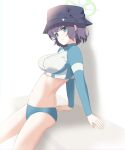  1girl arm_support ass black_hair blue_archive commentary_request eko green_eyes hair_between_eyes halo hat highres jacket leaning_back long_sleeves looking_at_viewer multicolored_clothes multicolored_jacket navel official_alternate_costume saki_(swimsuit)_(blue_archive) short_hair sidelocks simple_background sitting smile solo stomach two-tone_jacket white_background 